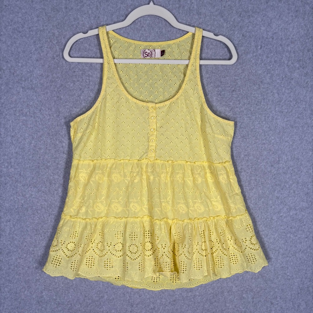 SO Eyelet Embroidered Tiered Henley Babydoll Tank Top Large Boho Cottage Peasant